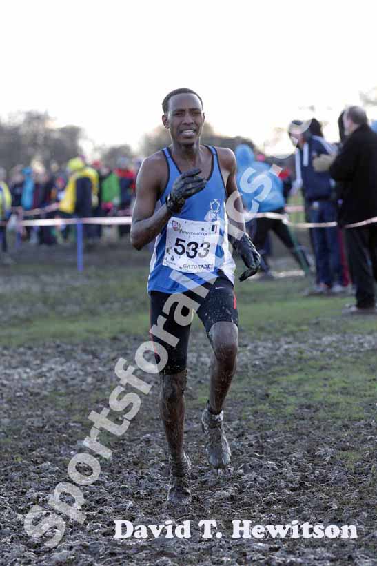 Mohamud Aadan (London South Bank University) finishing 2nd in the B Race, BUCS Cross Country Championships, Bodington Hall Playing Fields, University of Leeds. Photo: David T. Hewitson/Sports for All Pics